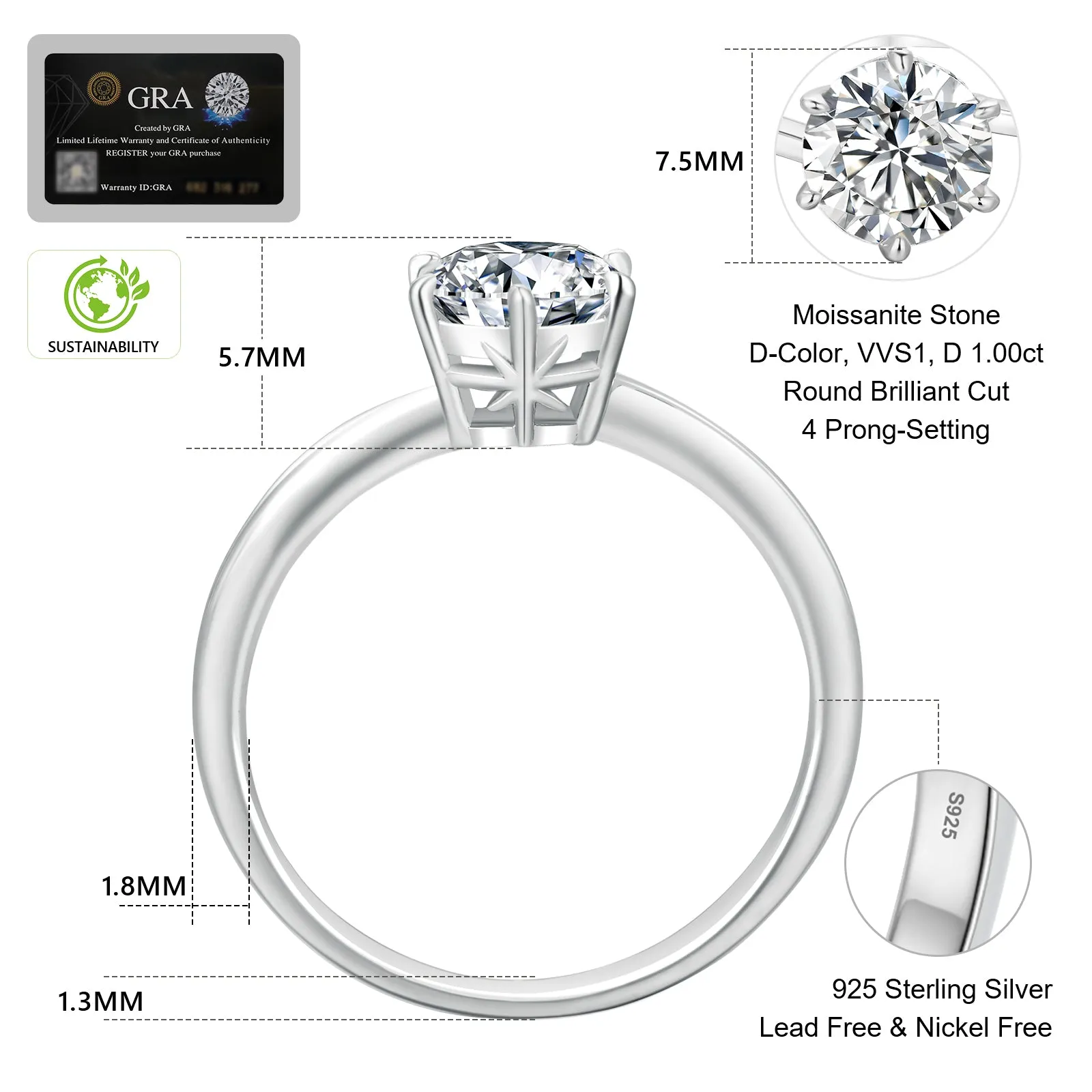 1.0 Carats VVS1 Moissanite Rings for Women 0181 KRKC