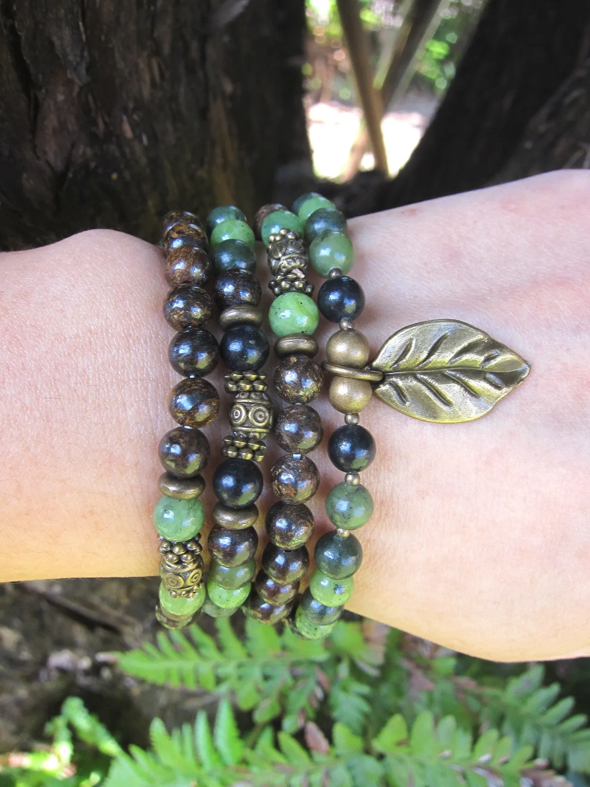 108 Bead Mala in Olive Canadian Jade, Shungite, Bronzite Necklace