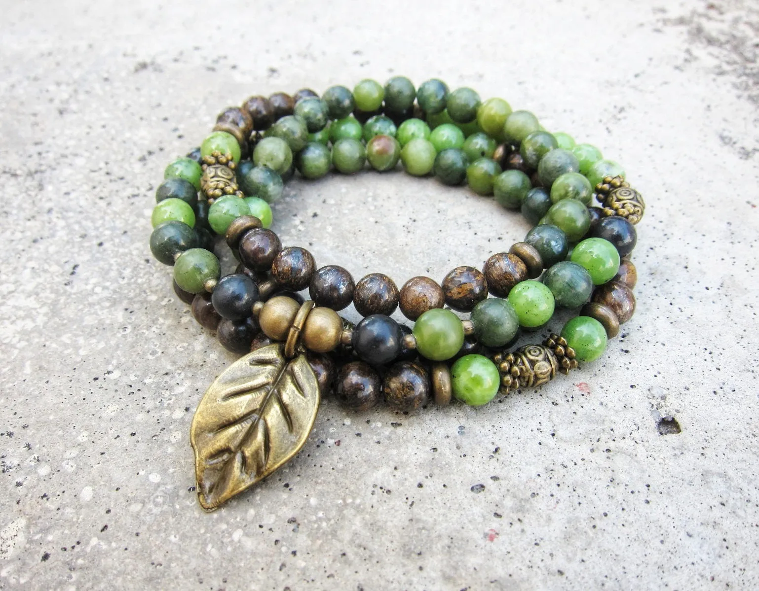 108 Bead Mala in Olive Canadian Jade, Shungite, Bronzite Necklace