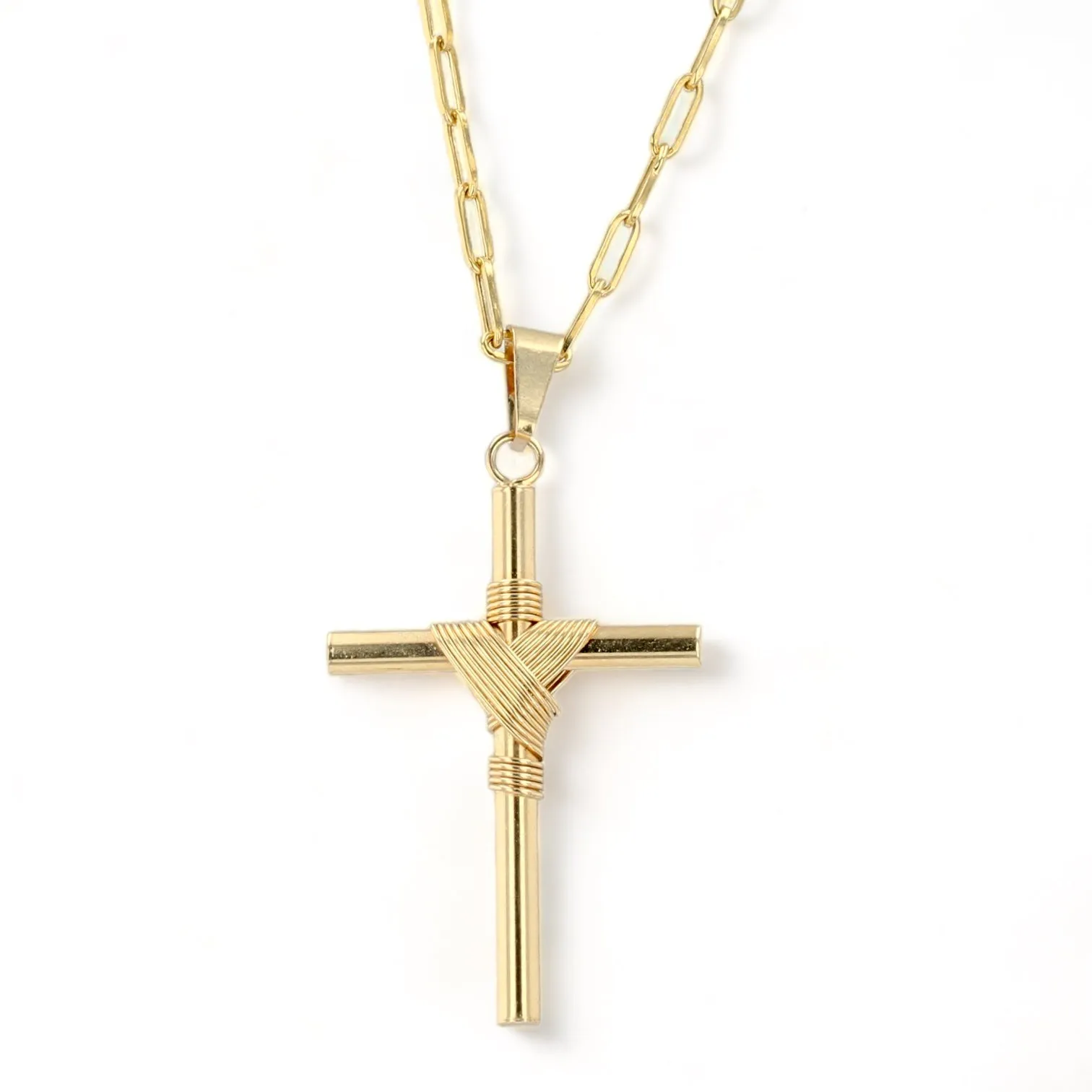 14K Yellow gold paper clip choker with minimalist cross-8880