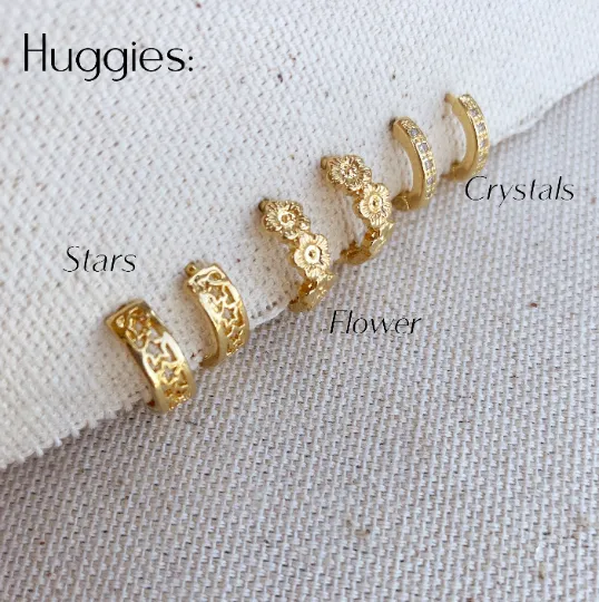 18k Gold Filled 12mm Huggies Earrings Star, Flowers And Crystal