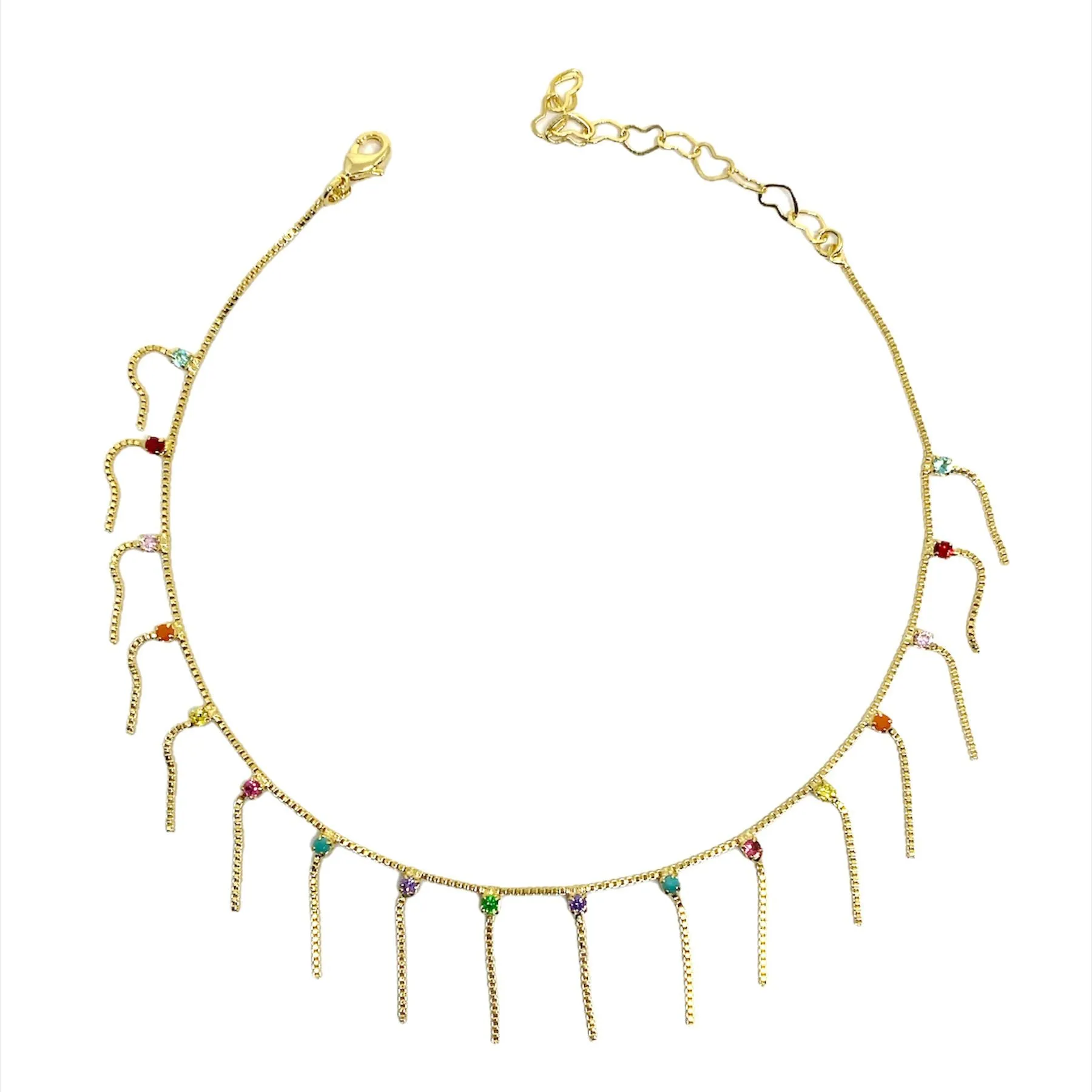 18k Gold Filled Fringed Box Chain Anklet Featuring Details Of Micro Zirconia Available In Multicolor, Black or Clear