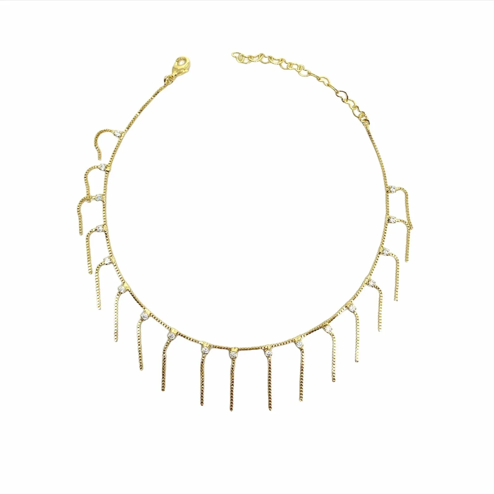 18k Gold Filled Fringed Box Chain Anklet Featuring Details Of Micro Zirconia Available In Multicolor, Black or Clear