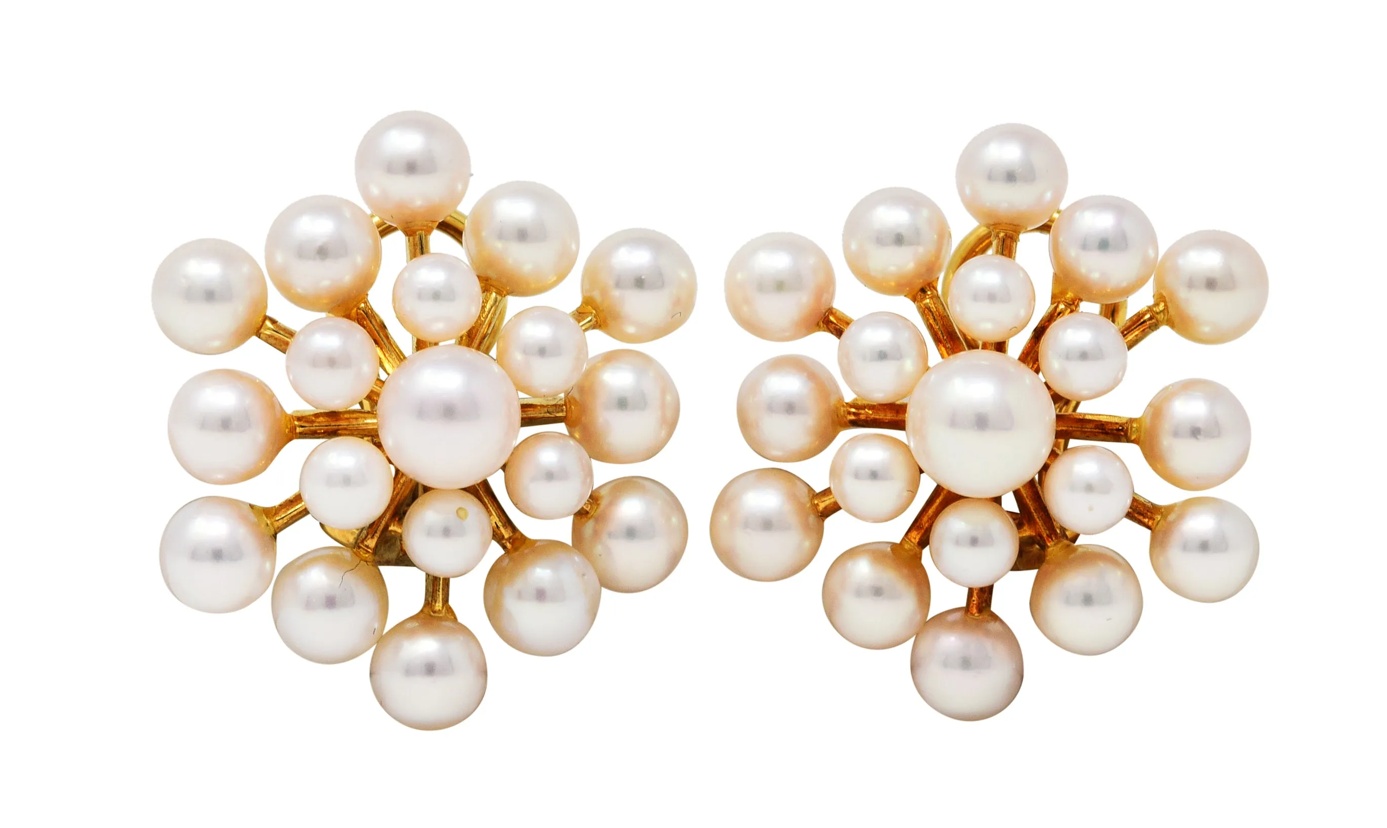 1960's Mikimoto Pearl 18 Karat Gold Burst Cluster Earrings