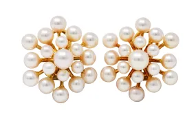 1960's Mikimoto Pearl 18 Karat Gold Burst Cluster Earrings