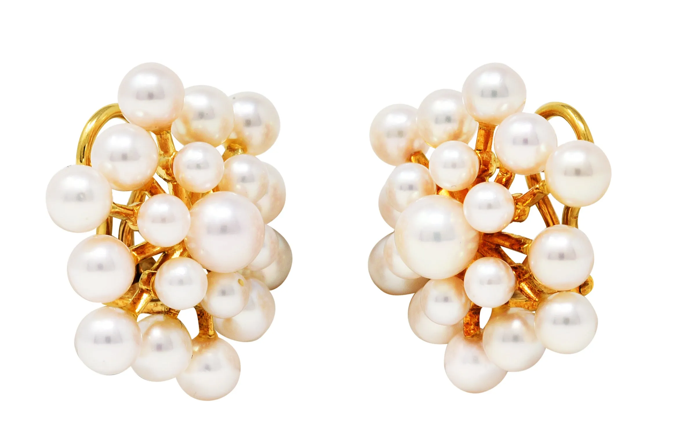 1960's Mikimoto Pearl 18 Karat Gold Burst Cluster Earrings