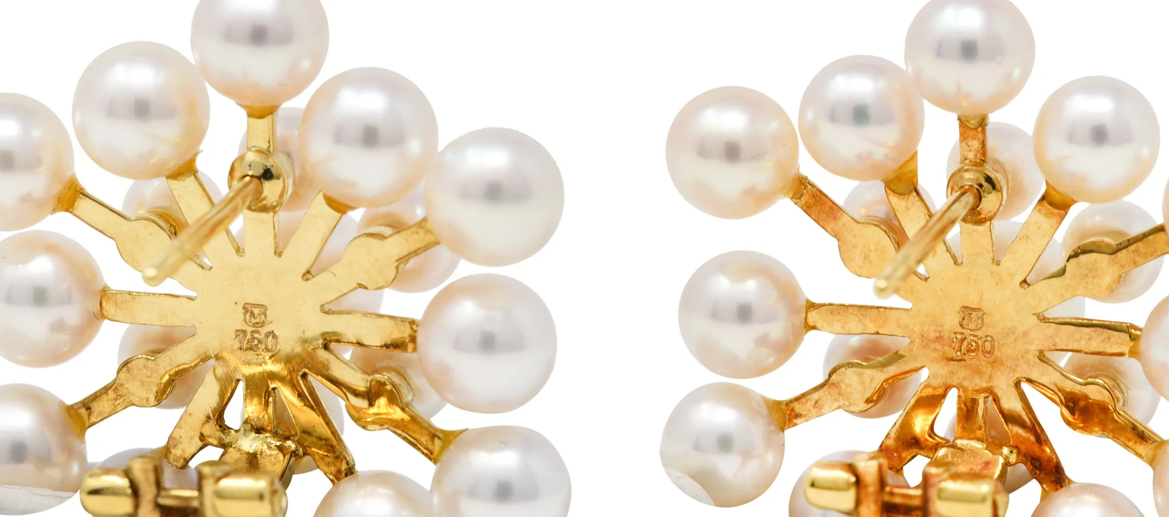 1960's Mikimoto Pearl 18 Karat Gold Burst Cluster Earrings