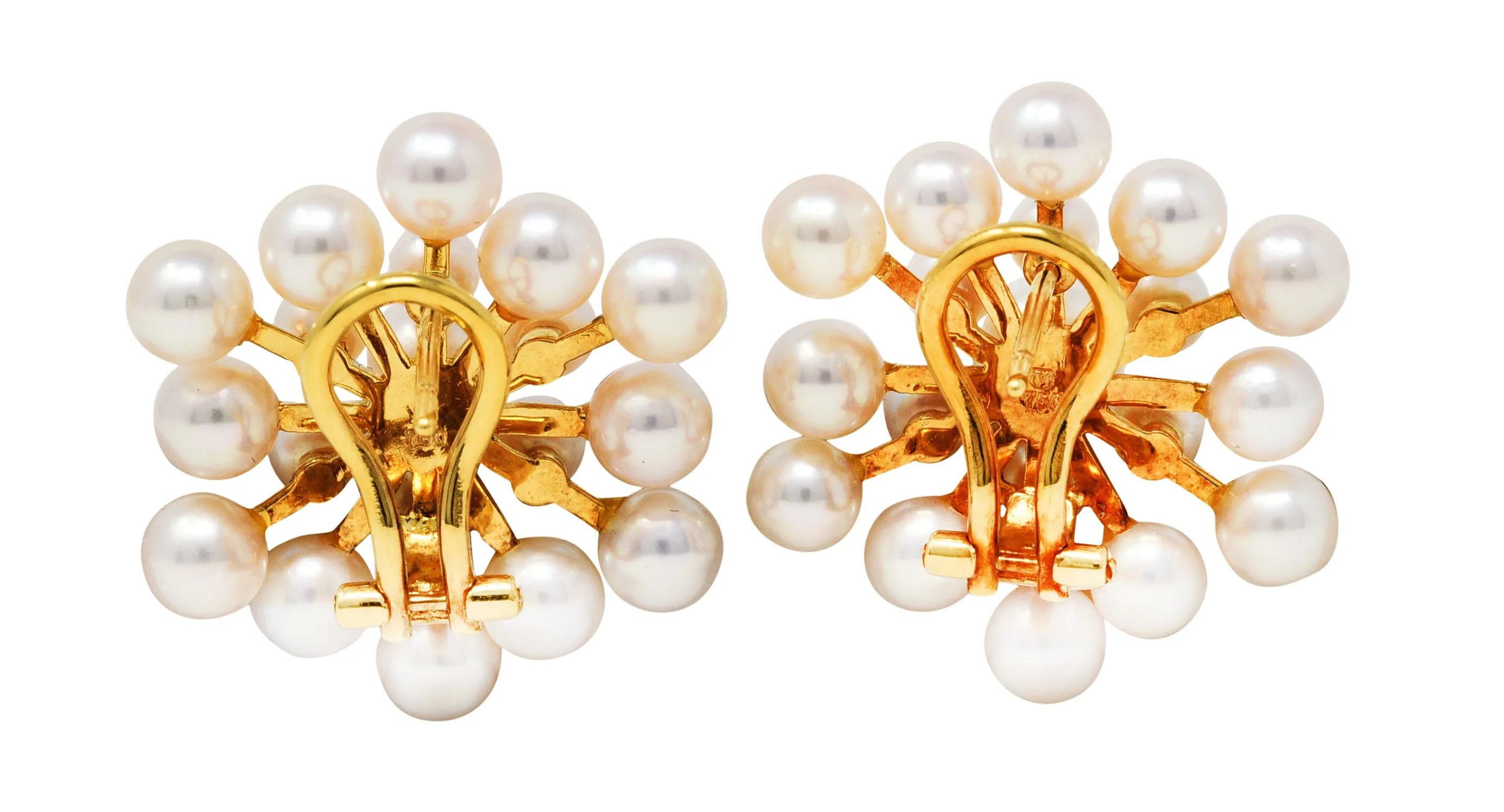 1960's Mikimoto Pearl 18 Karat Gold Burst Cluster Earrings