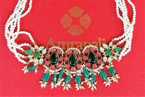 20D842 Multicolor Stone Choker Necklace with Pearl Strings