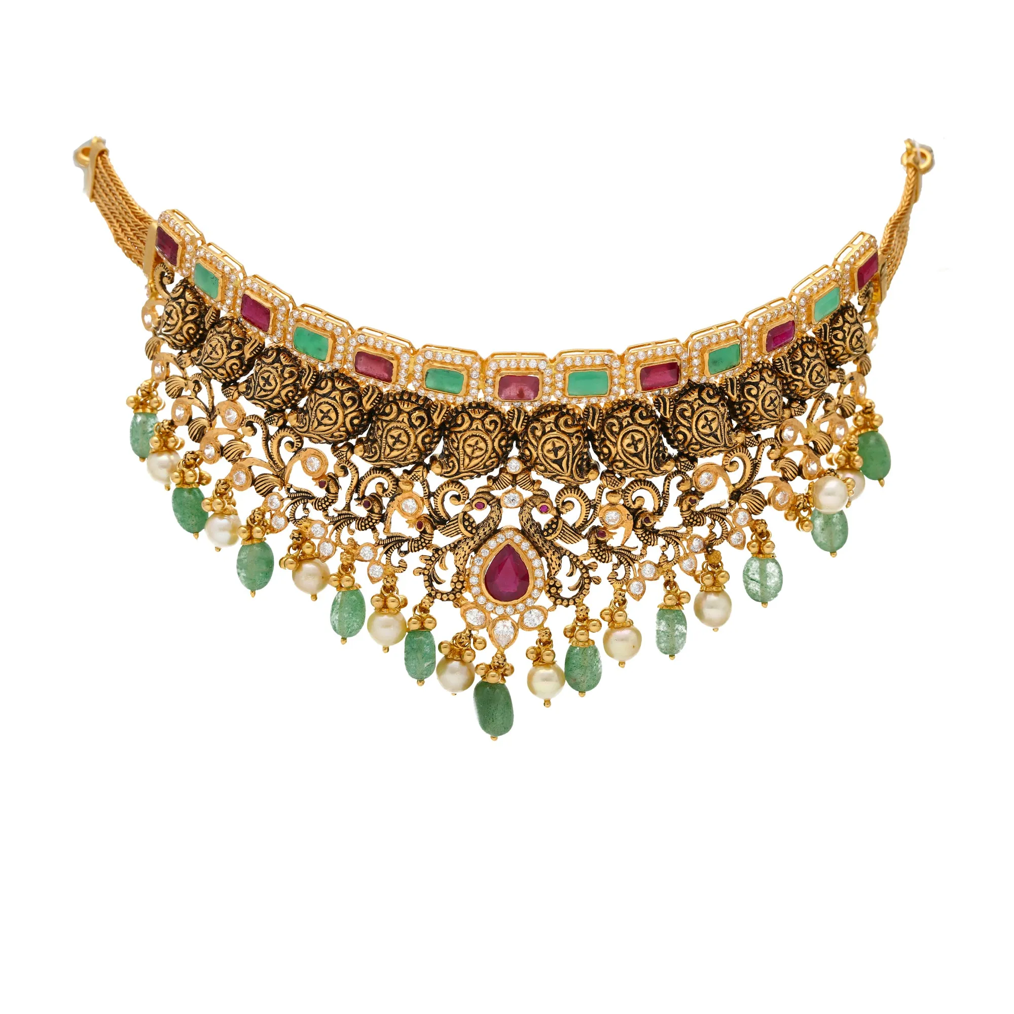 22K Antique Gold Choker Set with Gemstones & Pearls (98 grams)