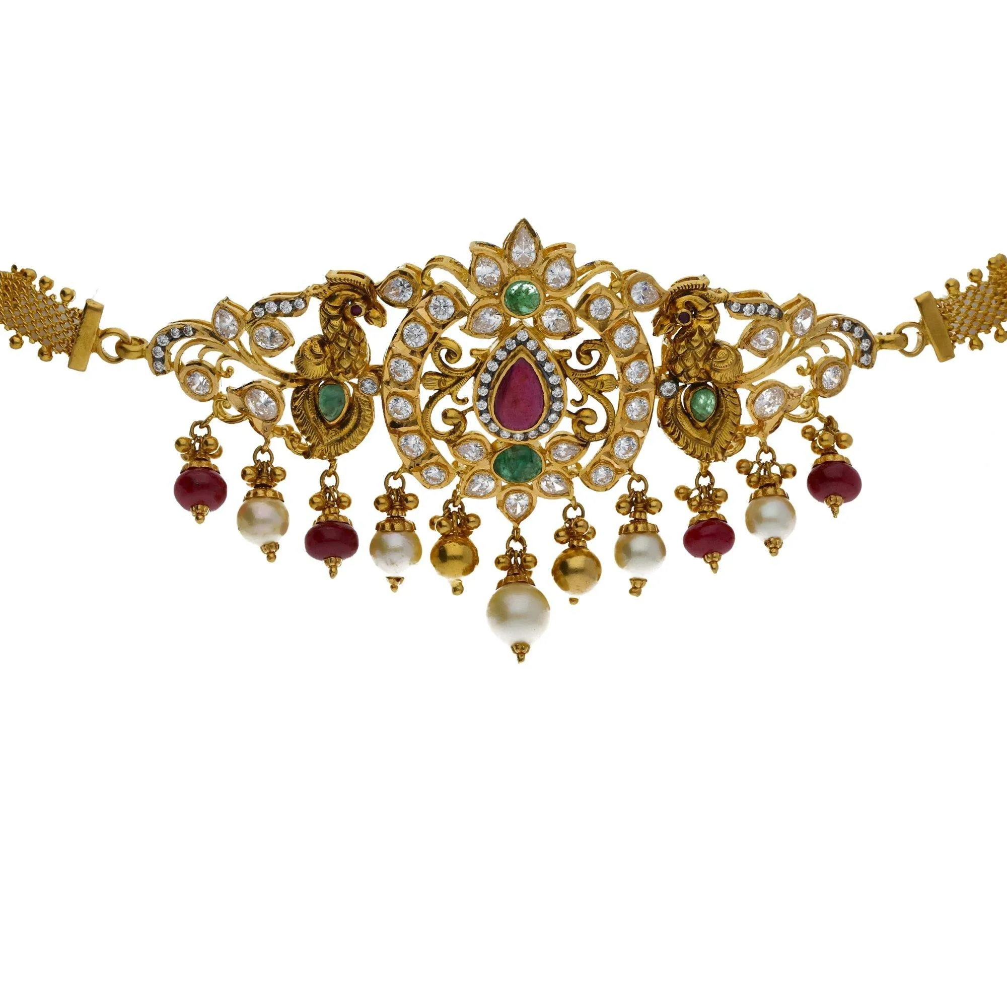 22K Yellow Gold 2-in-1 Choker/Vanki & Chandbali Earrings Set W/ Emerald, Pachi CZ, Hanging Pearls & Darkly Etched Accents