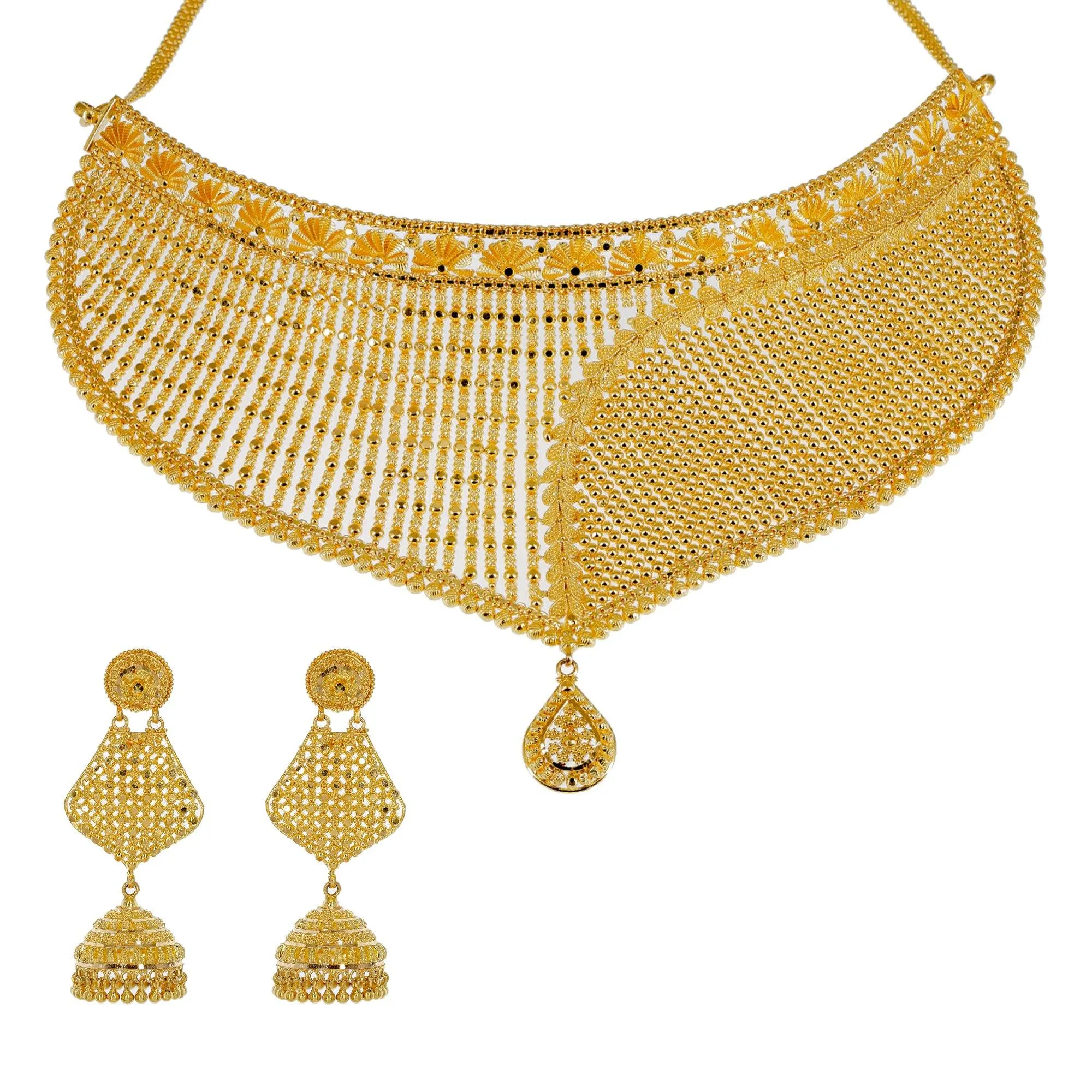 22K Yellow Gold Choker Set W/ Asymmetric Gold Ball Design & Jhumki Earrings