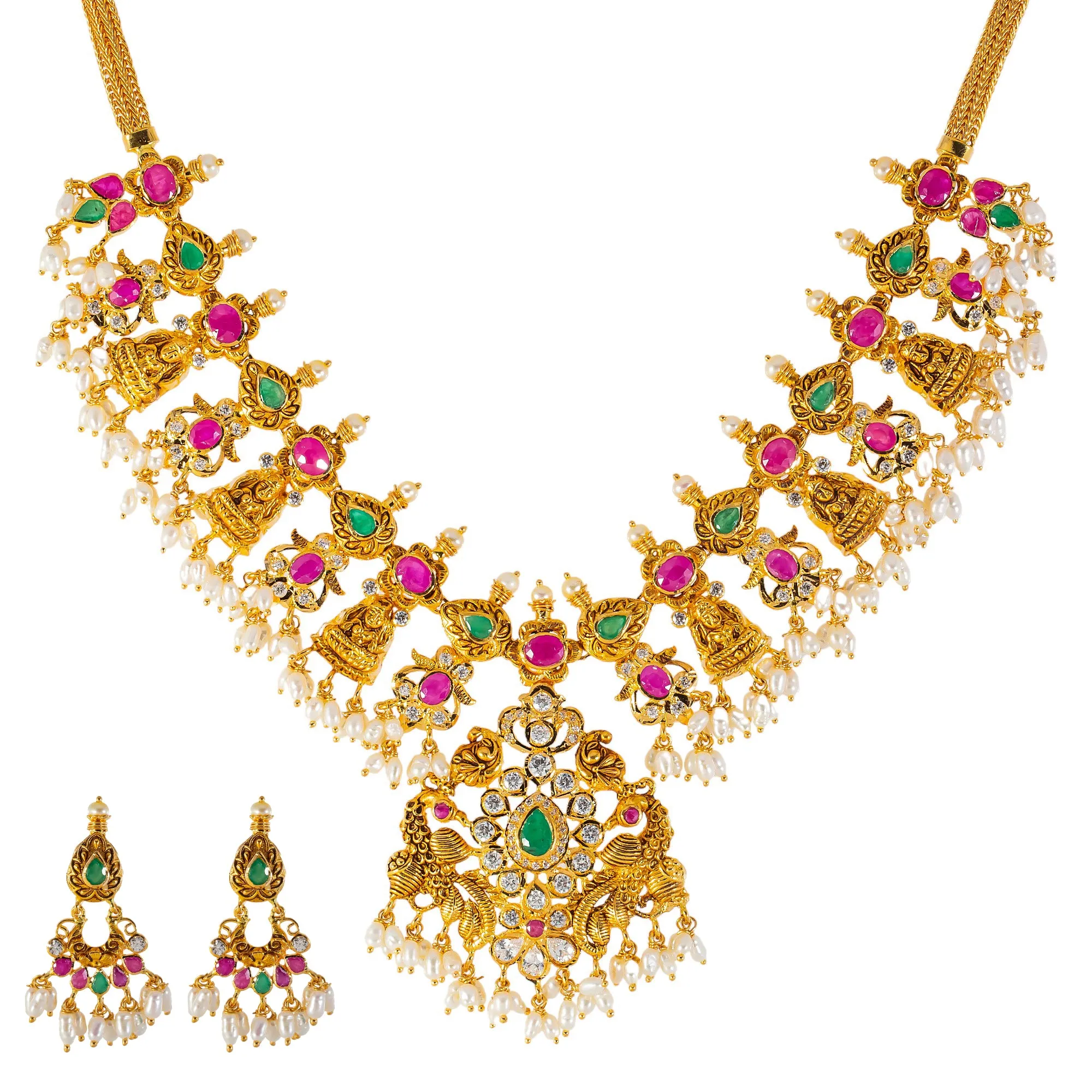 22k Yellow Gold, Emerald, Ruby, CZ & Pearl Temple Necklace Set (55.3gm)