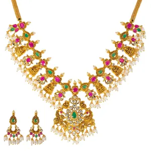 22k Yellow Gold, Emerald, Ruby, CZ & Pearl Temple Necklace Set (55.3gm)