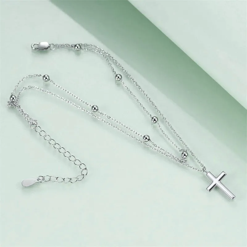 925 Sterling Silver Cross Anklet Dauble Chain Jewelry Brithday Gifts for Women Girls