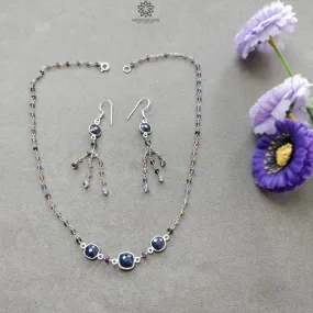 925 Sterling Silver Jewelry : 9.05gms Natural Untreated Blue & Multi SAPPHIRE Gemstone Beads Necklace Drop Dangle Earring Jewelry Set