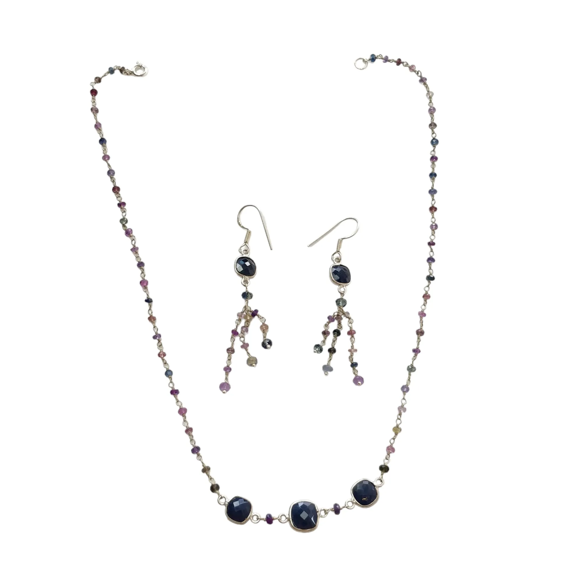 925 Sterling Silver Jewelry : 9.05gms Natural Untreated Blue & Multi SAPPHIRE Gemstone Beads Necklace Drop Dangle Earring Jewelry Set