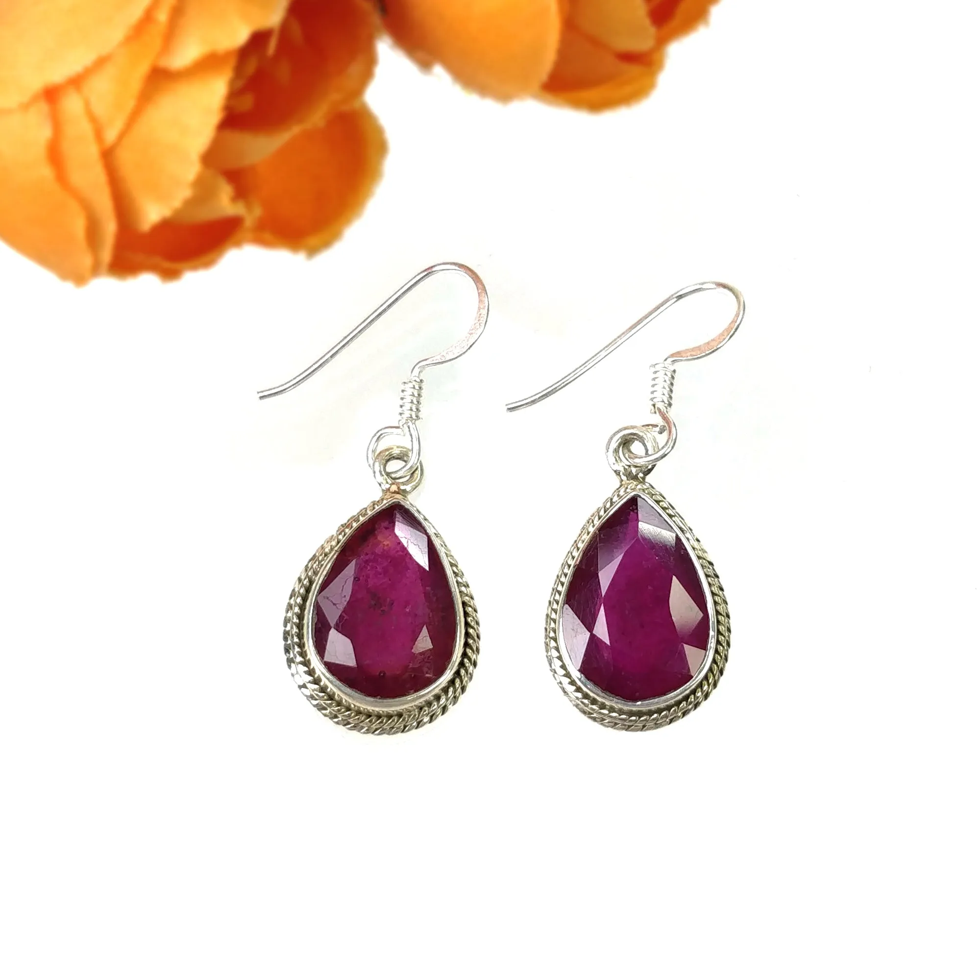 925 Sterling Silver Jewelry : Natural Glass Filled Ruby Gemstone Pear Shape Bezel Set Pendant Earring Jewelry Set For Women