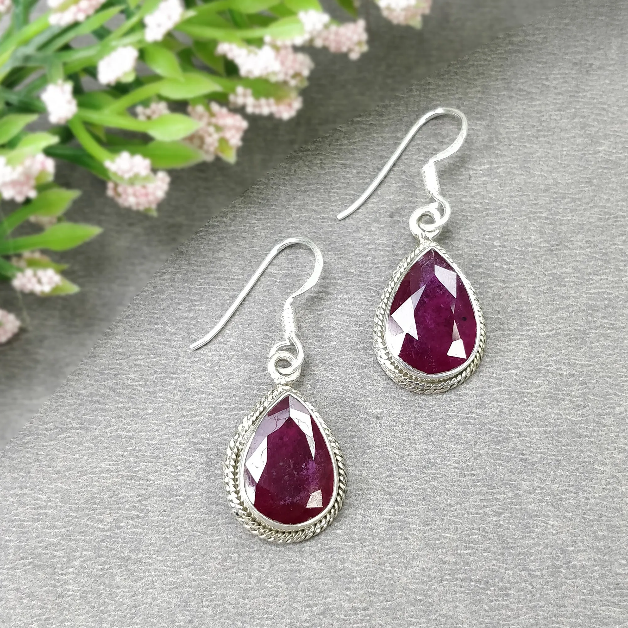 925 Sterling Silver Jewelry : Natural Glass Filled Ruby Gemstone Pear Shape Bezel Set Pendant Earring Jewelry Set For Women