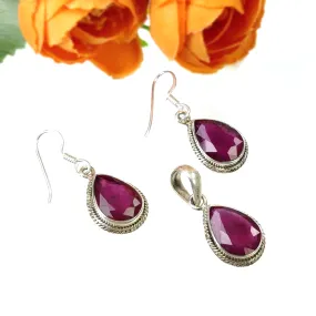 925 Sterling Silver Jewelry : Natural Glass Filled Ruby Gemstone Pear Shape Bezel Set Pendant Earring Jewelry Set For Women