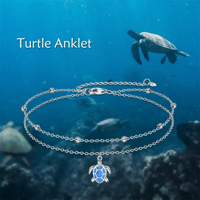 925 Sterling Silver Sea Turtle Anklet Dauble Chain Jewelry Brithday Gifts for Women Girls