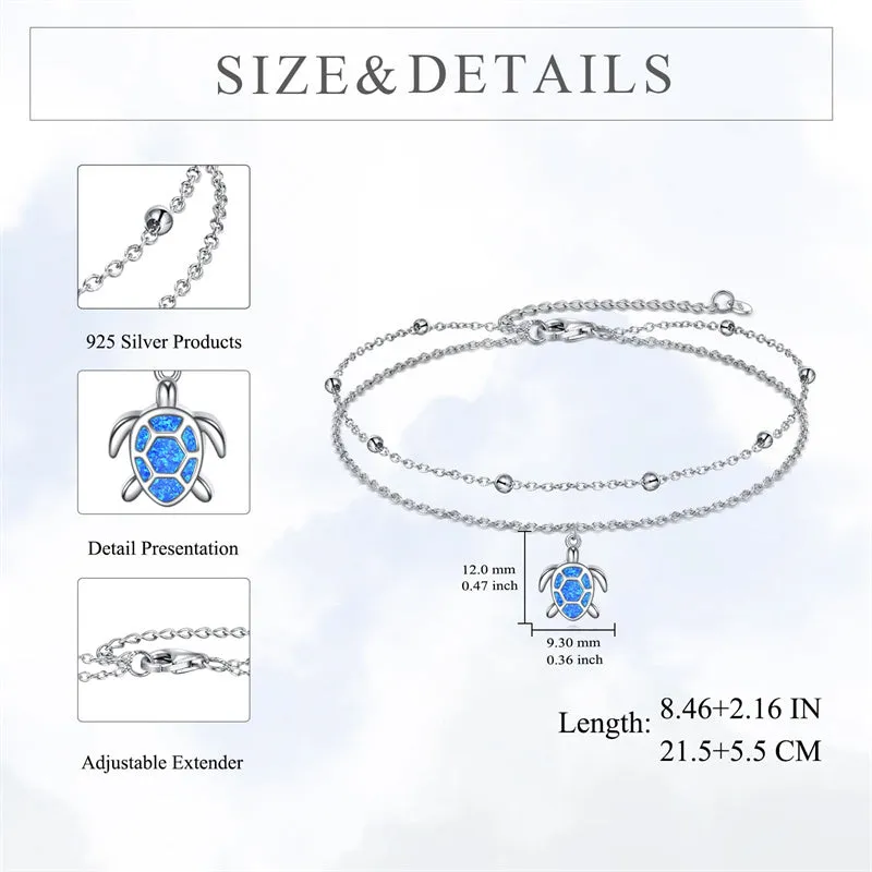 925 Sterling Silver Sea Turtle Anklet Dauble Chain Jewelry Brithday Gifts for Women Girls