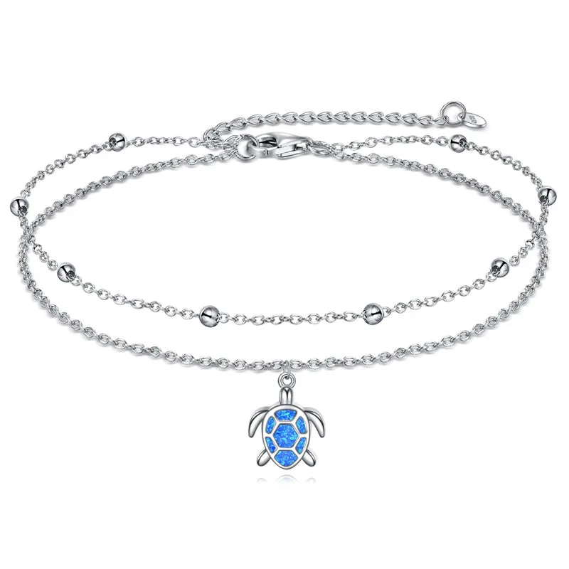 925 Sterling Silver Sea Turtle Anklet Dauble Chain Jewelry Brithday Gifts for Women Girls