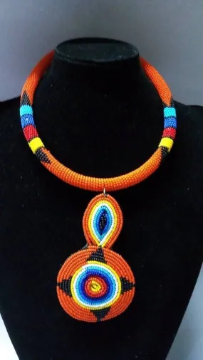 African beaded necklace and pendant, Beaded African Zulu jewelry, Maasai jewelry