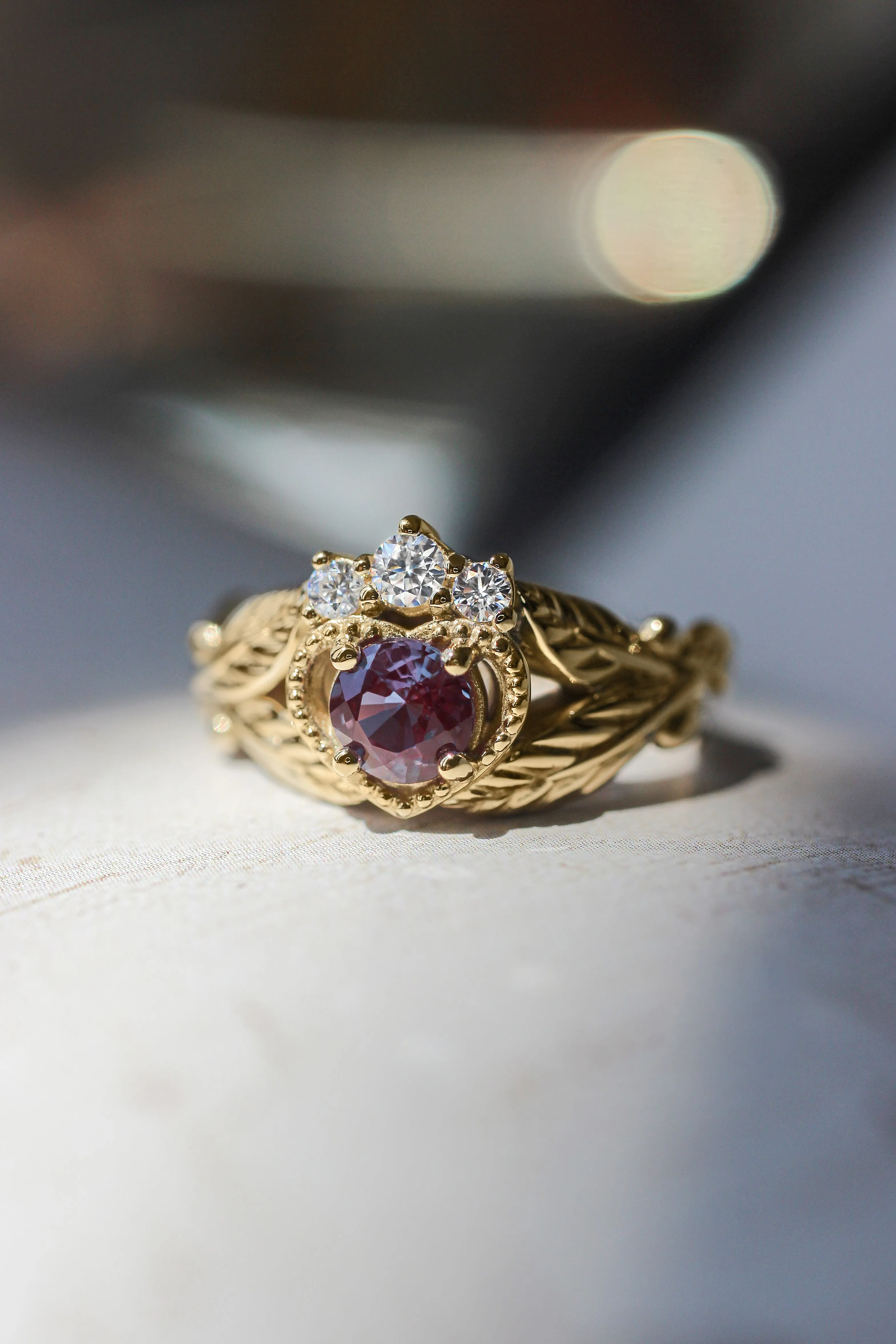 Alexandrite heart and diamonds engagement ring, Claddagh ring