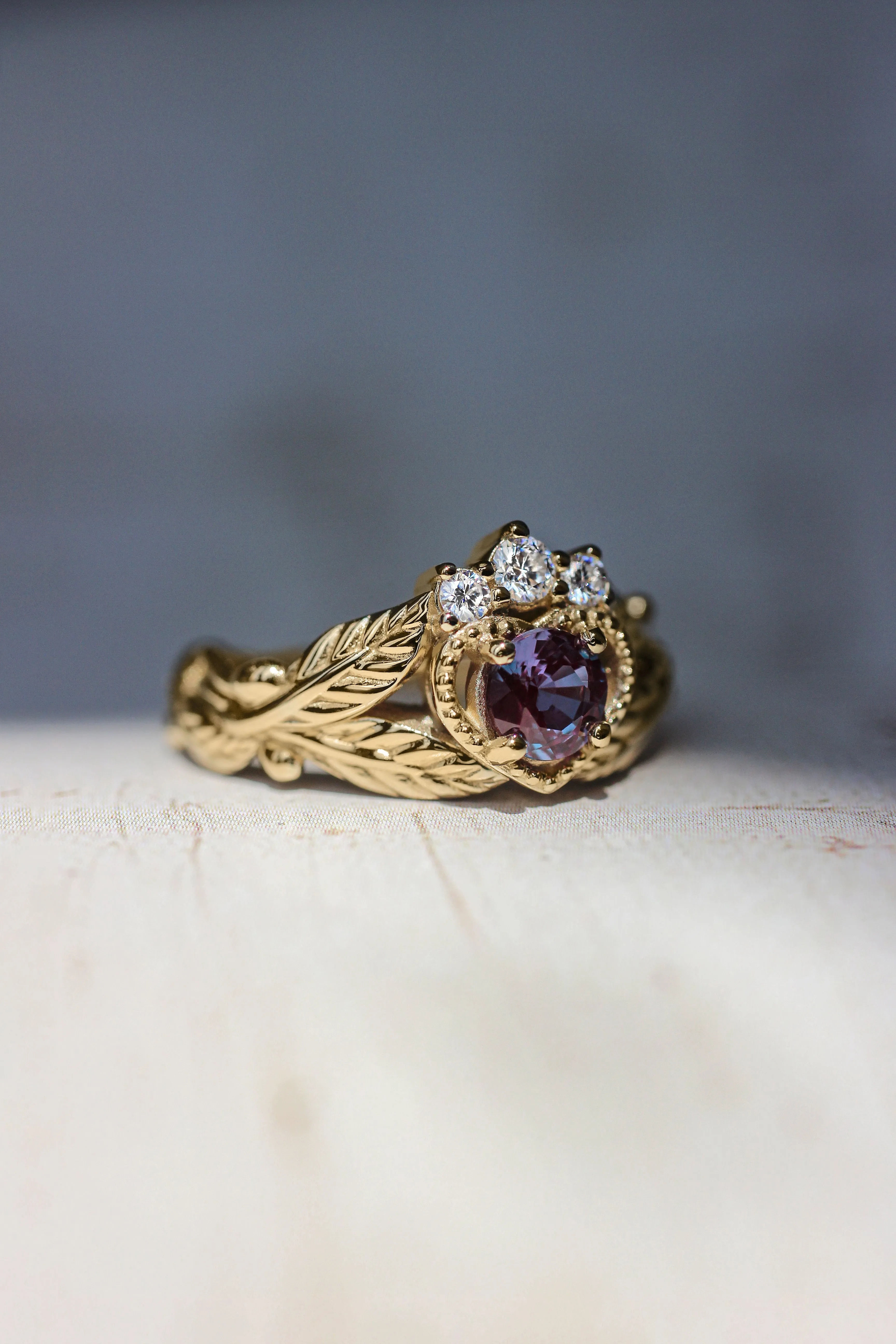 Alexandrite heart and diamonds engagement ring, Claddagh ring