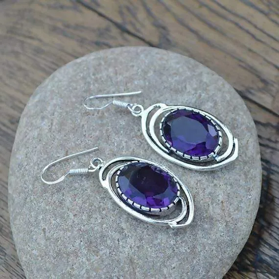 Amethyst Gemstone Earrings - 925 Silver Dangle Earrings Jewelry - Women's Gift Jewelry- Gemstone Gift Jewelry - Designer Gift Earrings- MK04