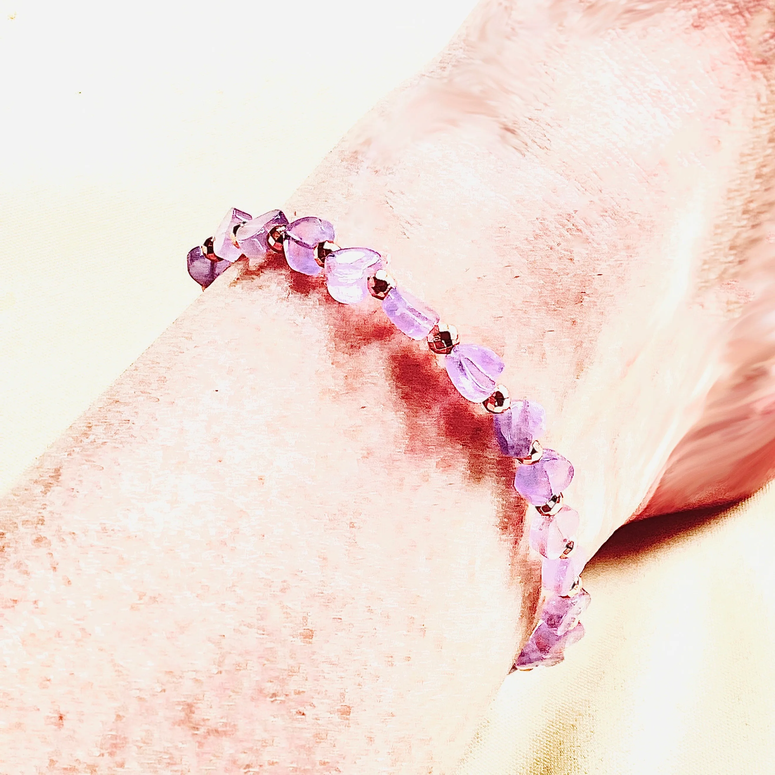 Amethyst gemstone Heart and Rose Hematite anklet w/ 14 kt gf Clasp and Chain