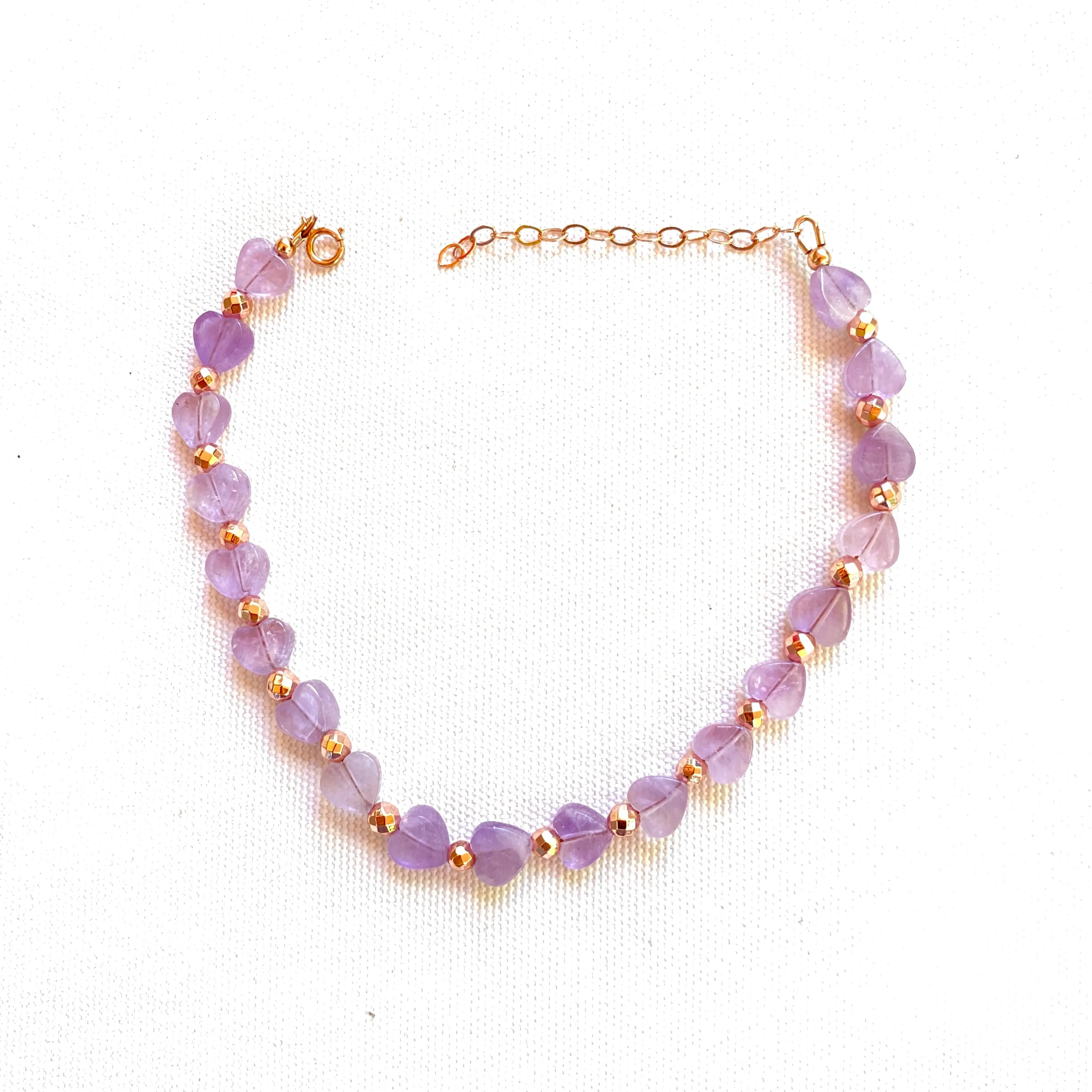 Amethyst gemstone Heart and Rose Hematite anklet w/ 14 kt gf Clasp and Chain