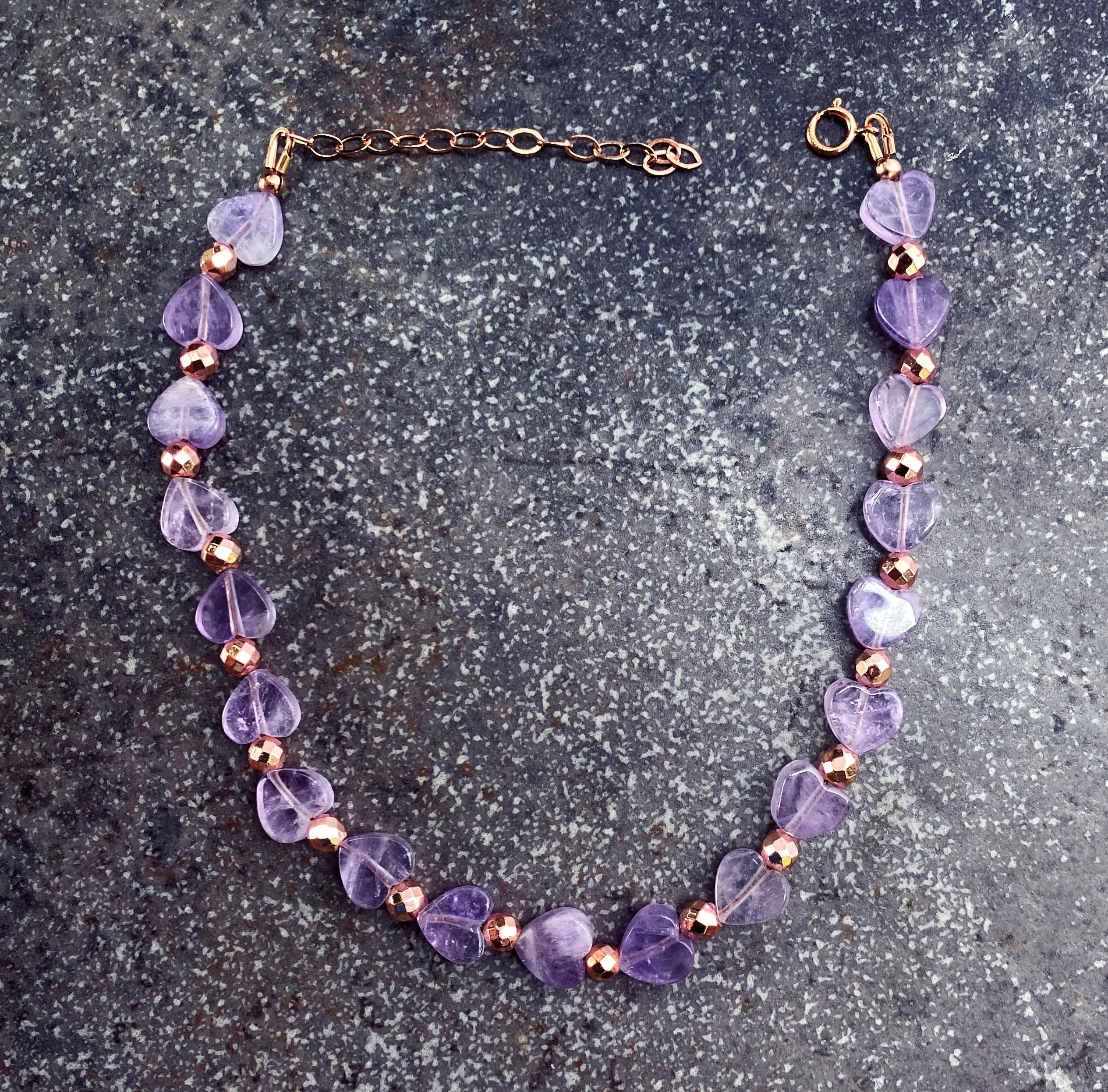 Amethyst gemstone Heart and Rose Hematite anklet w/ 14 kt gf Clasp and Chain