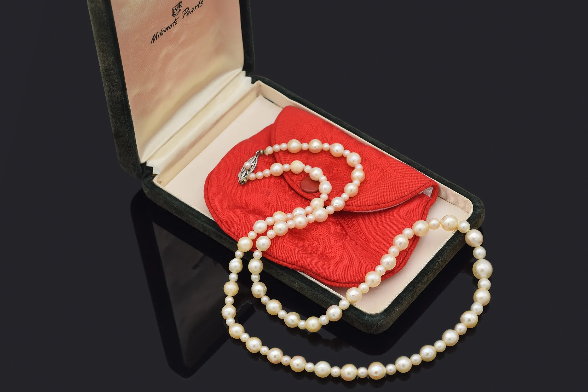 Antique Mikimoto 9K White Gold Sea Pearl Beaded Strand Necklace   Pouch, Box