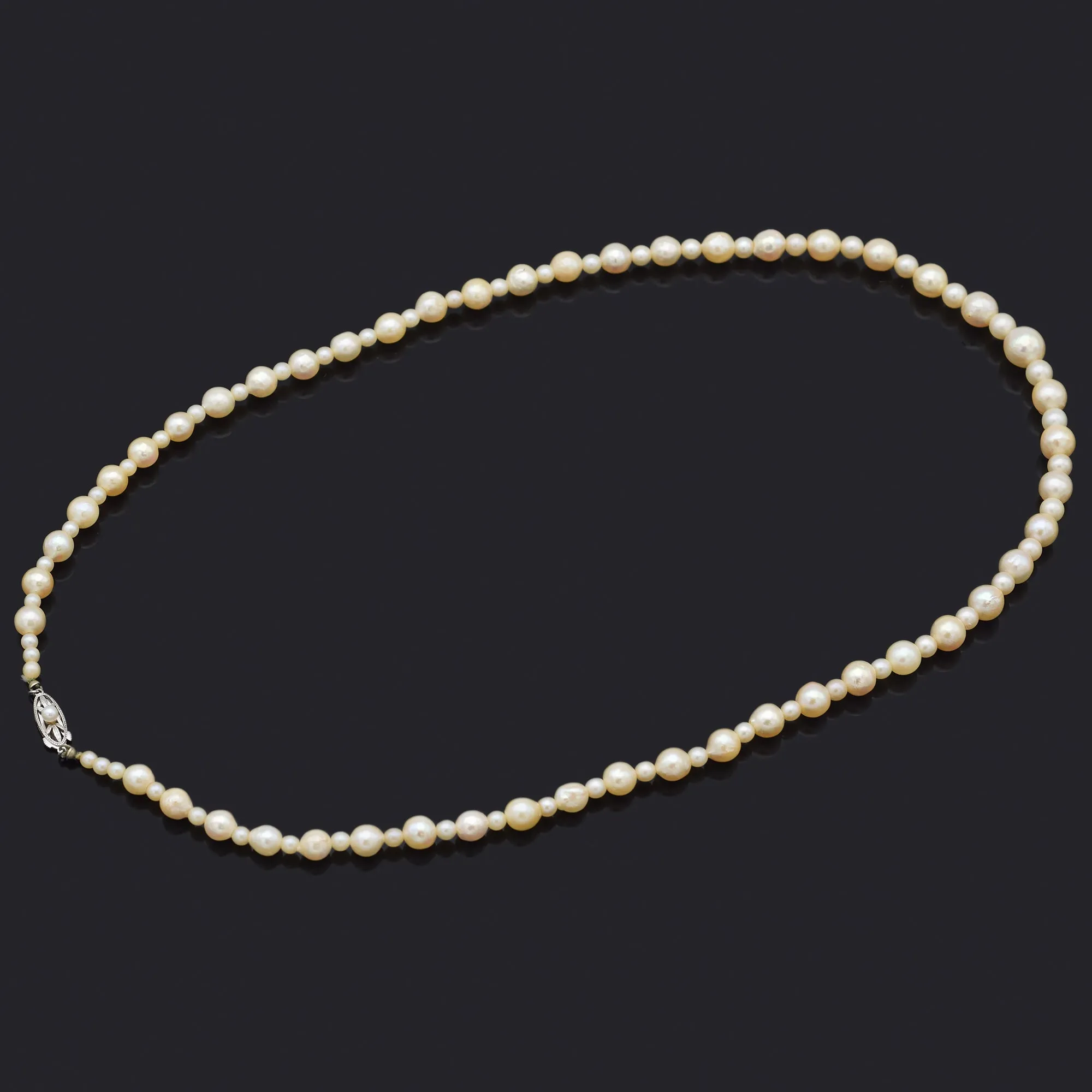 Antique Mikimoto 9K White Gold Sea Pearl Beaded Strand Necklace   Pouch, Box