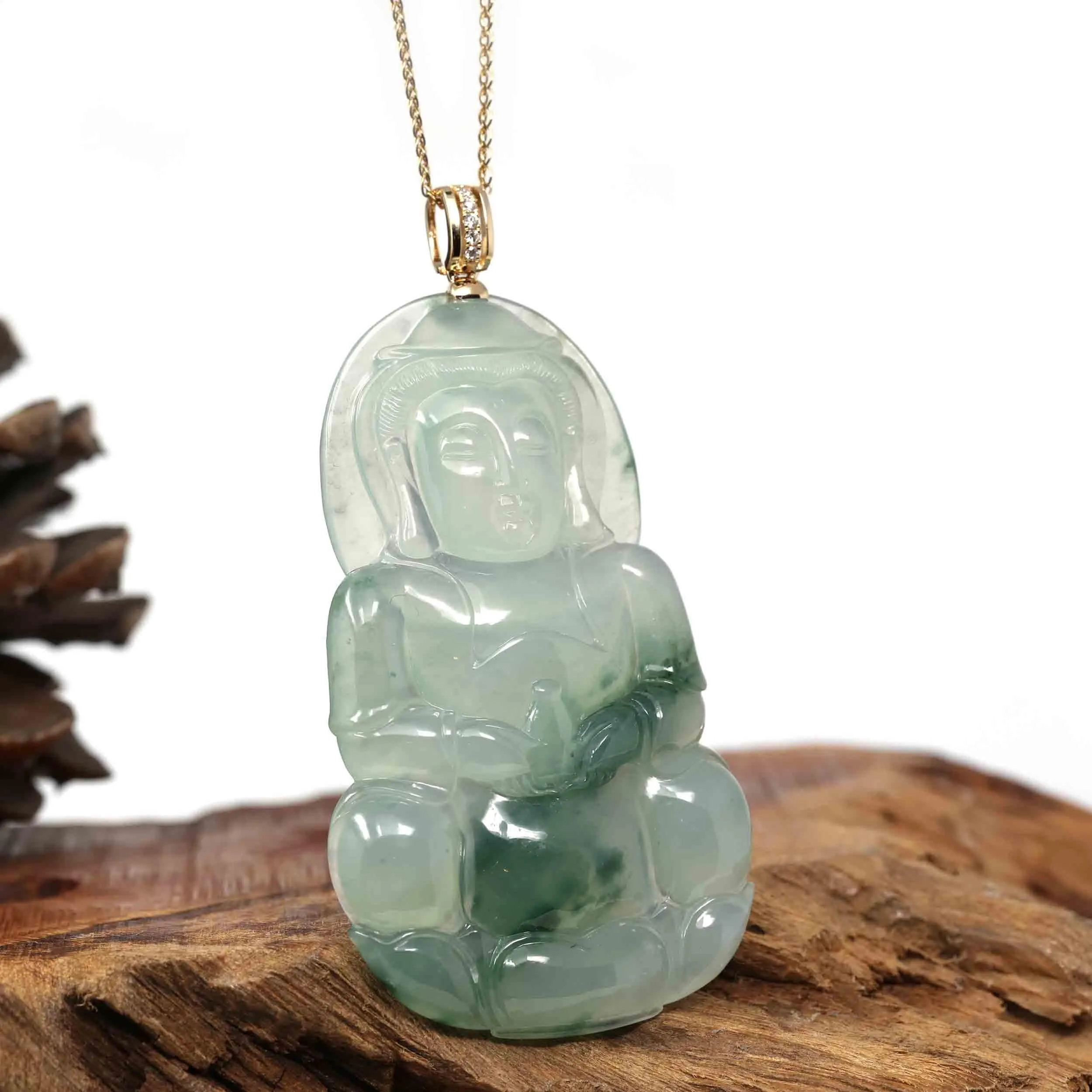 Baikalla 14k Yellow Gold "Goddess of Compassion" Genuine Ice Burmese Jadeite Jade Guanyin Necklace With Gold Bail