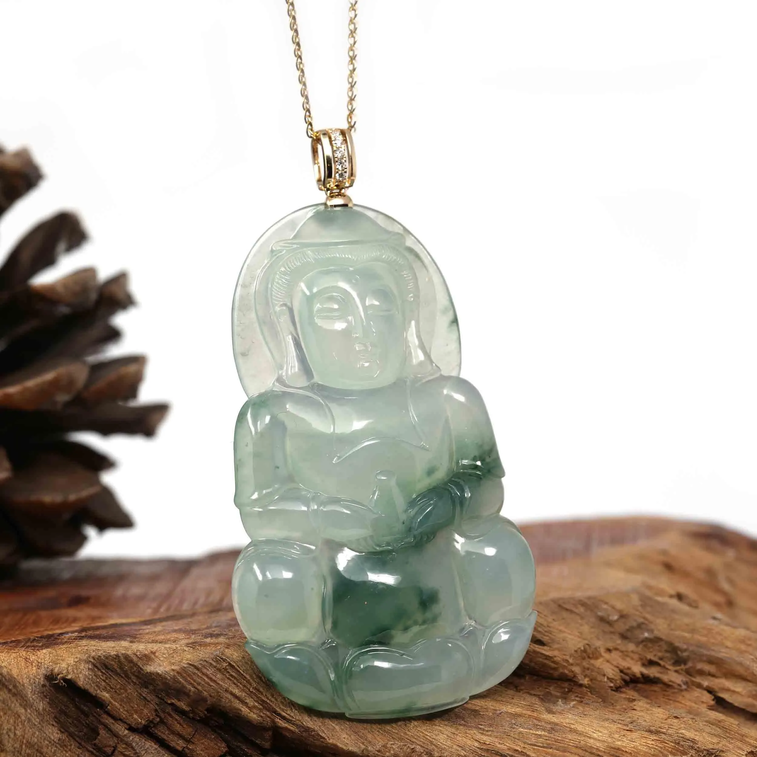 Baikalla 14k Yellow Gold "Goddess of Compassion" Genuine Ice Burmese Jadeite Jade Guanyin Necklace With Gold Bail