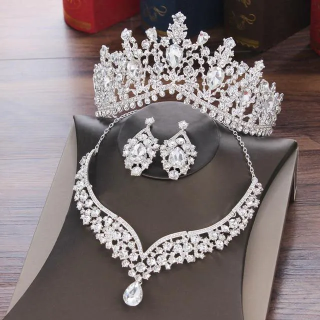 Baroque Crystal and Rhinestone Tiara, Necklace & Earrings Wedding Jewelry Set