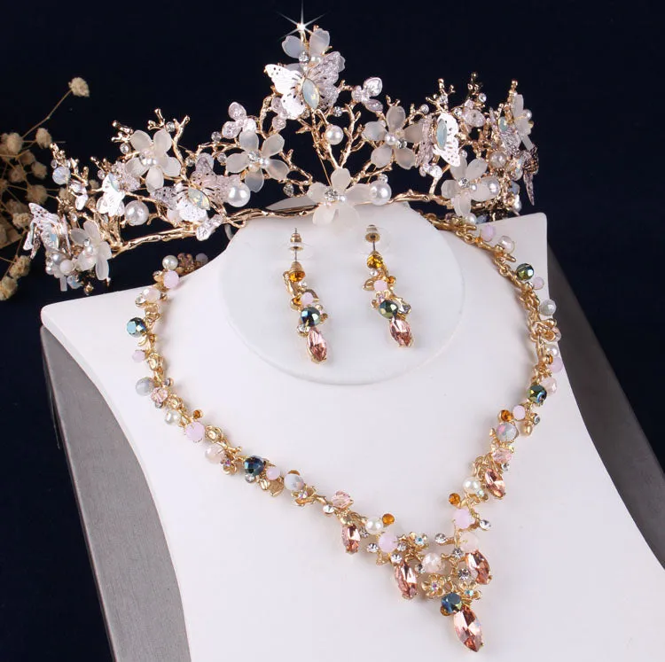 Baroque Gold Crystal Butterfly Tiara, Necklace & Earrings Wedding Jewelry Set