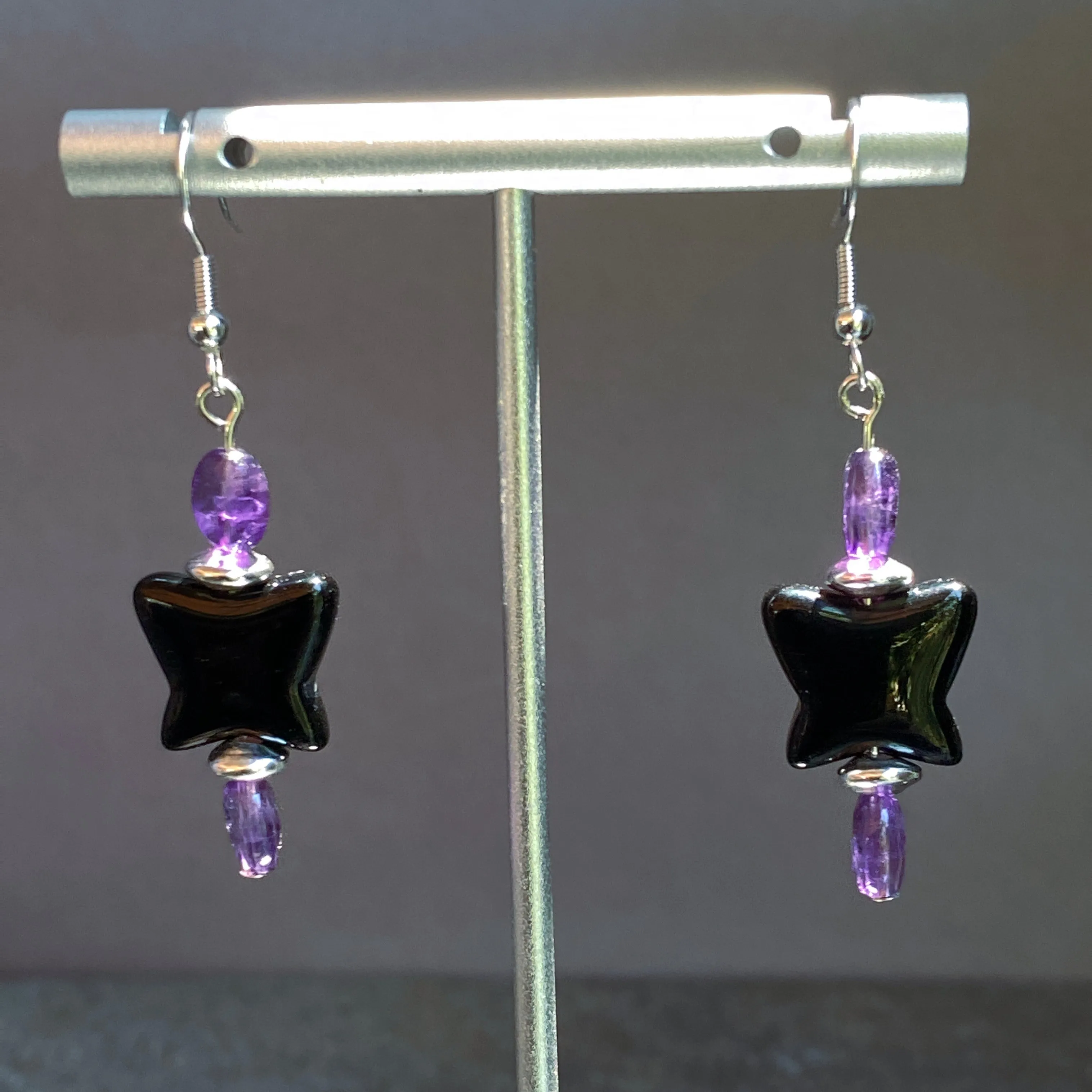 Black Obsidian Butterfly with Amethyst and Sterling Silver Drop Earrings