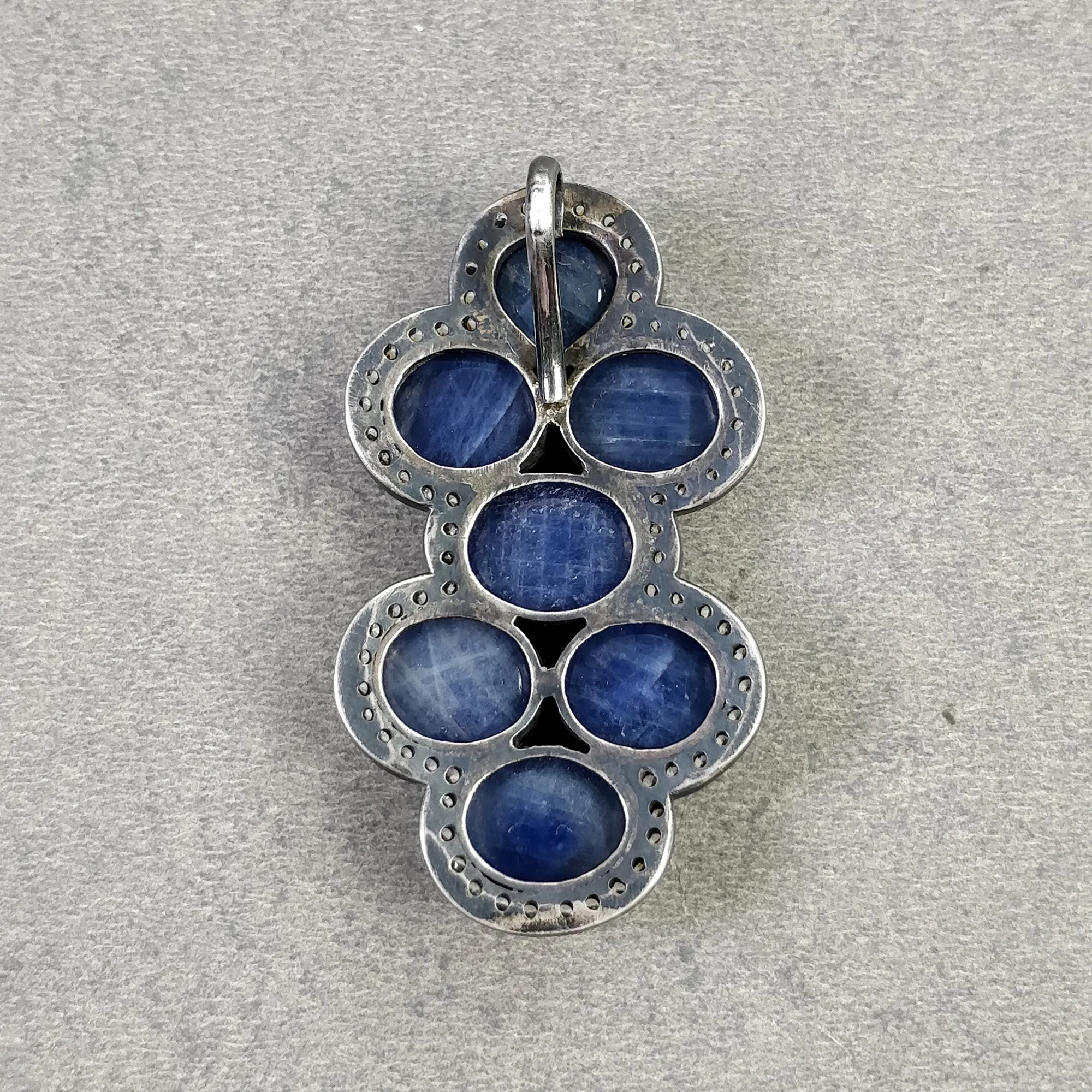 BLUE SAPPHIRE Gemstone With CZ Pendant: 17.01gms Natural Oval Cabochon 925 Sterling Silver Bezel Set Victorian Style Pendant 2"