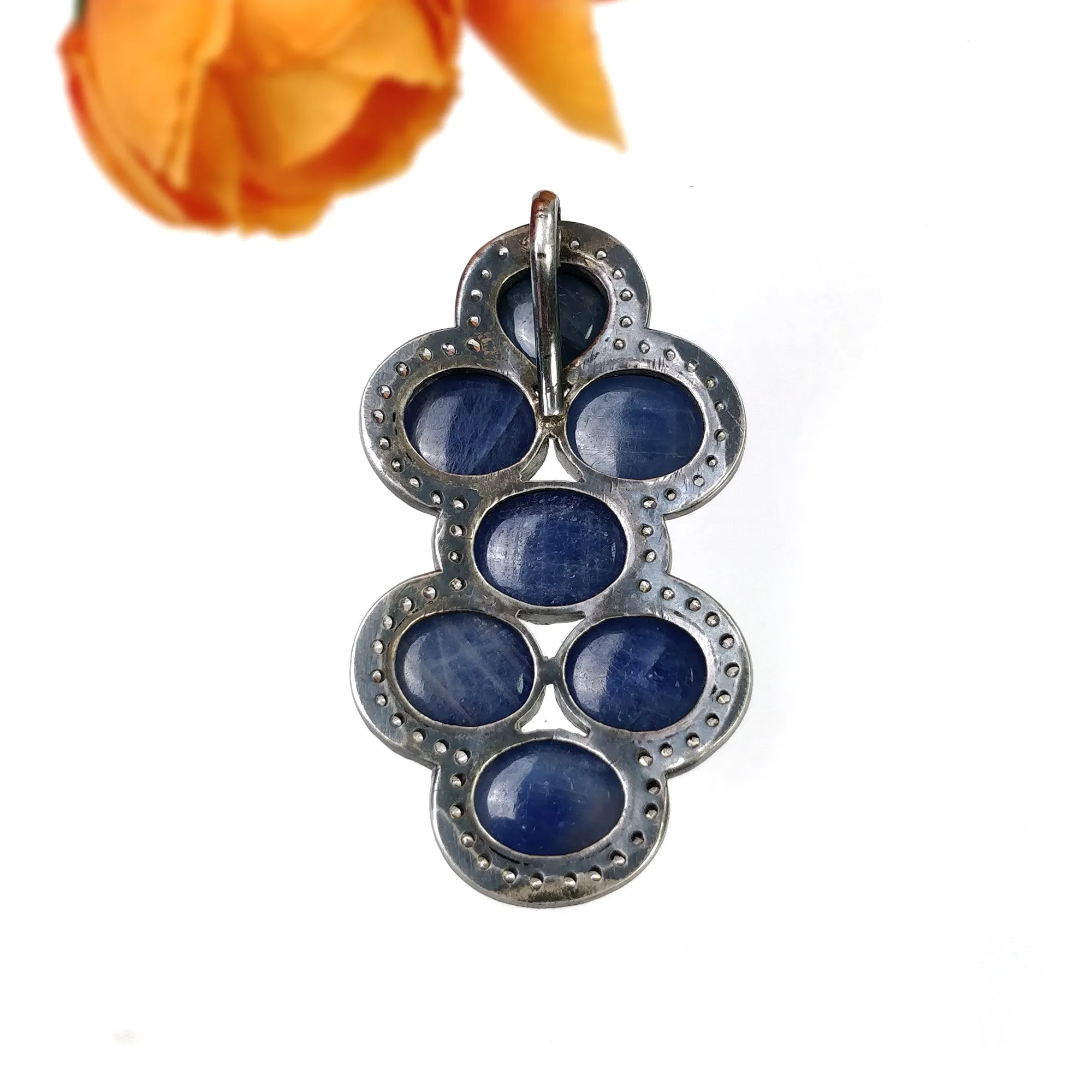 BLUE SAPPHIRE Gemstone With CZ Pendant: 17.01gms Natural Oval Cabochon 925 Sterling Silver Bezel Set Victorian Style Pendant 2"