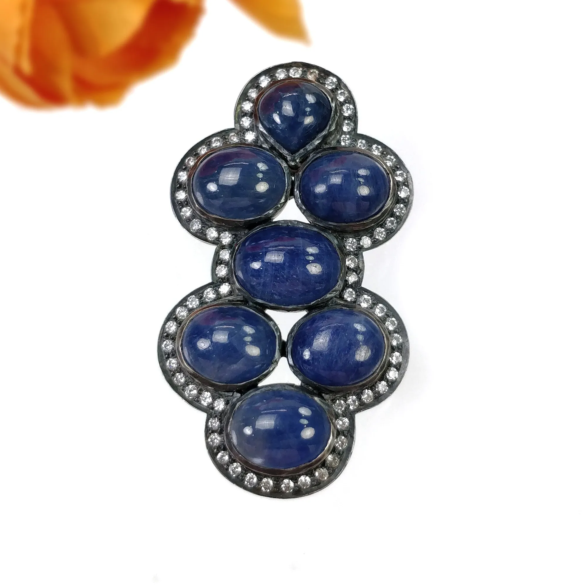 BLUE SAPPHIRE Gemstone With CZ Pendant: 17.01gms Natural Oval Cabochon 925 Sterling Silver Bezel Set Victorian Style Pendant 2"