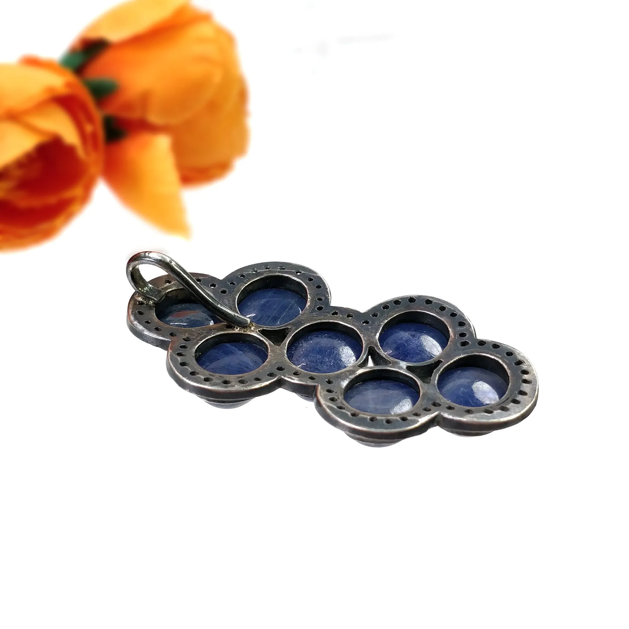 BLUE SAPPHIRE Gemstone With CZ Pendant: 17.01gms Natural Oval Cabochon 925 Sterling Silver Bezel Set Victorian Style Pendant 2"