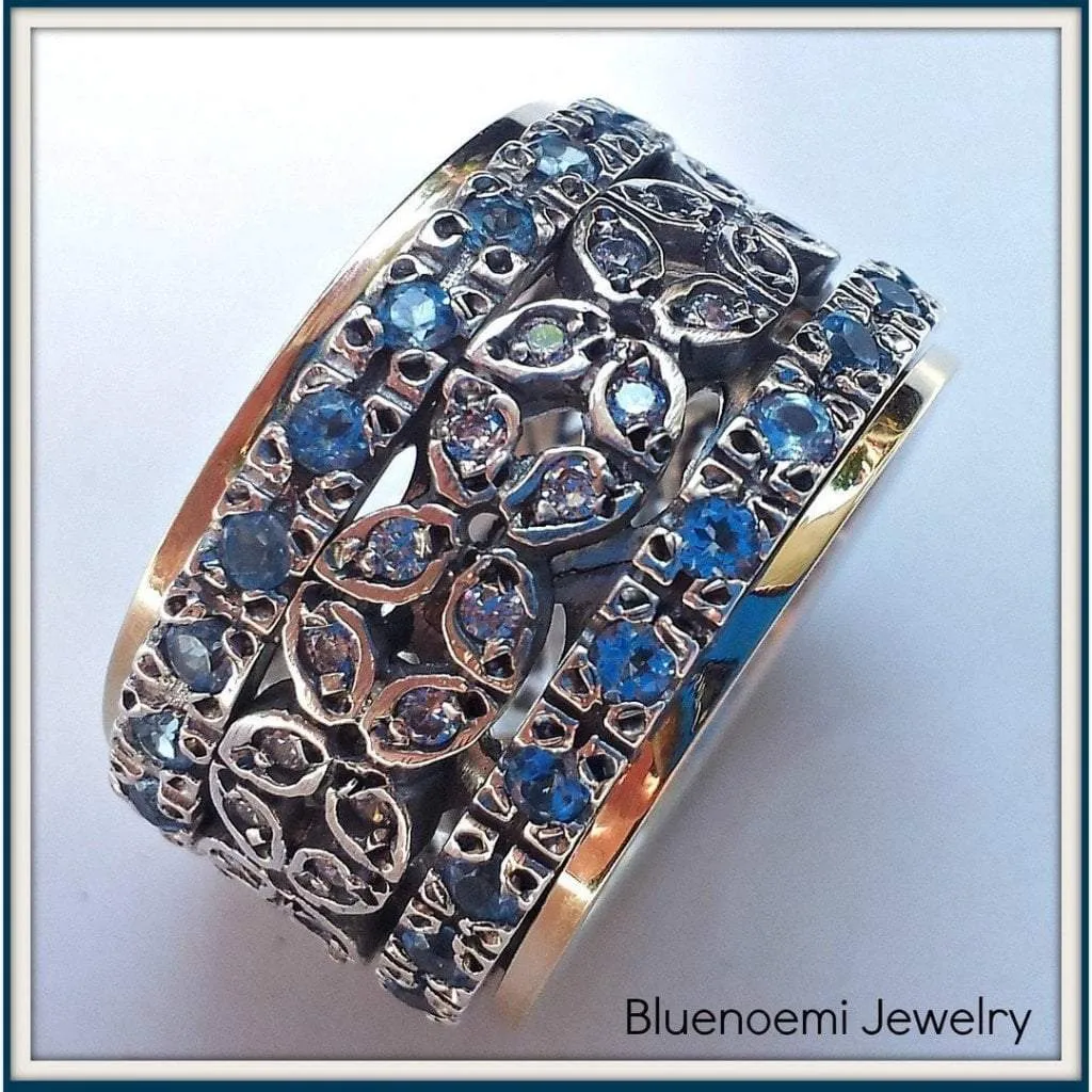 Bluenoemi Spinner Ring, Silver Gold Ring for Woman, Artistic Zircons ring