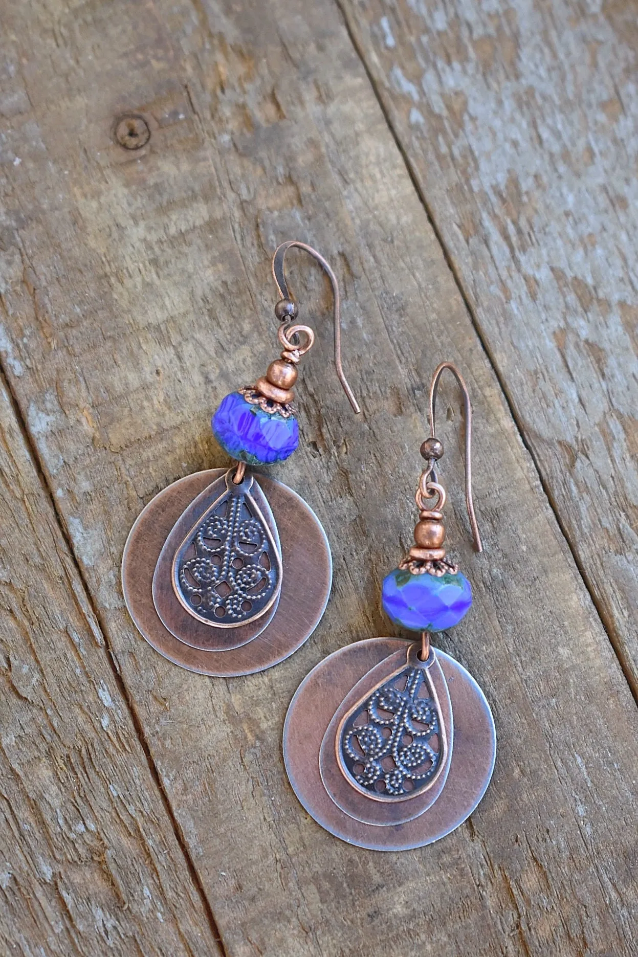 Boho Earrings, Boho Dangle Earrings, Copper Earrings Dangle, Boho Jewelry, Blue Drop Earrings, Blue Jewelry, Gift for Her