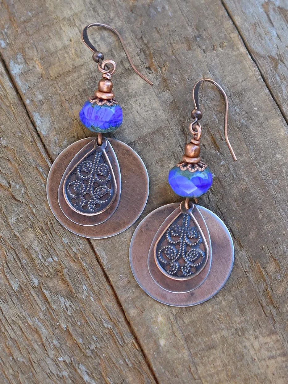 Boho Earrings, Boho Dangle Earrings, Copper Earrings Dangle, Boho Jewelry, Blue Drop Earrings, Blue Jewelry, Gift for Her