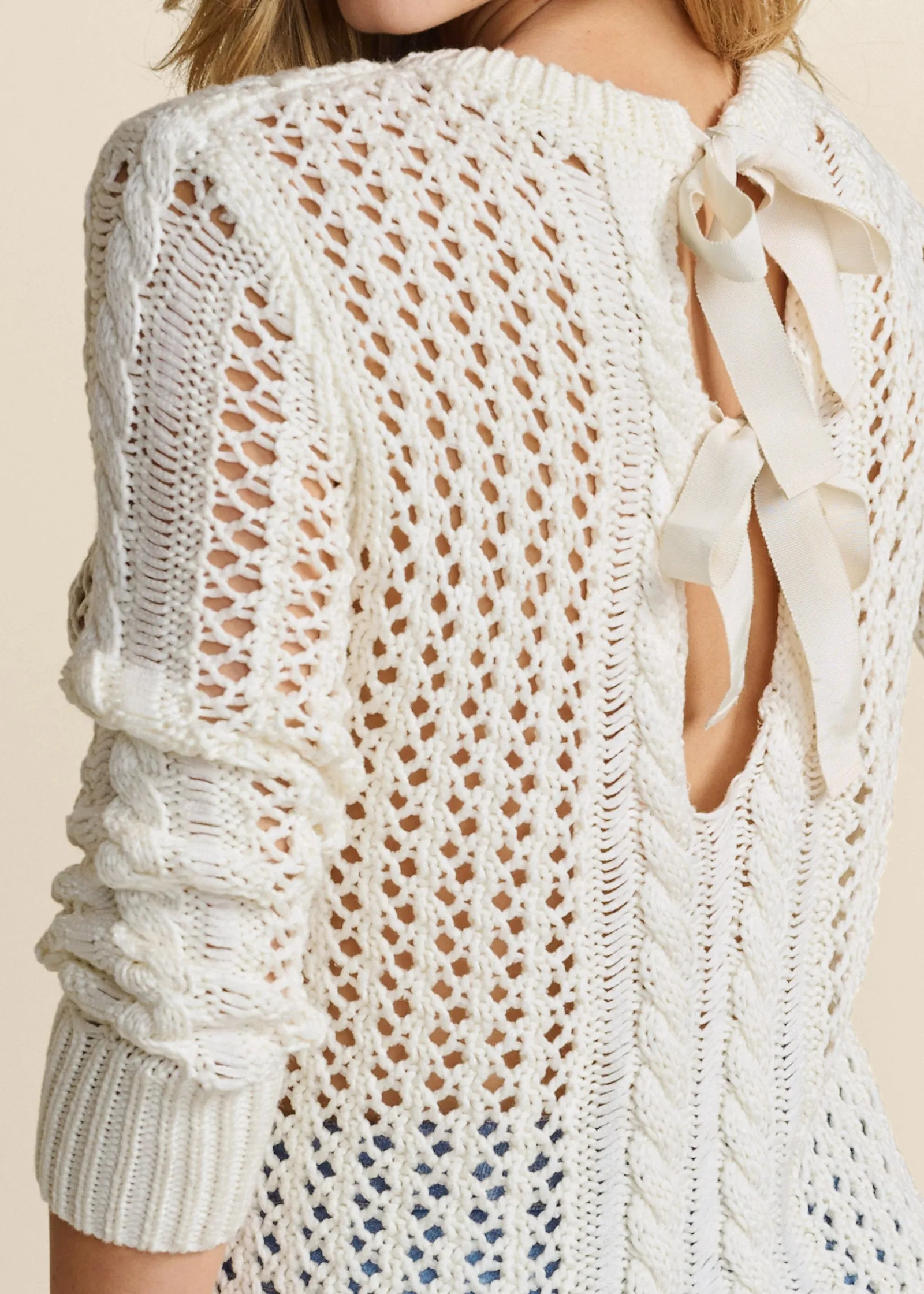 Bow Tie Crochet Sweater - Cream