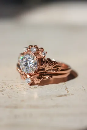 Bridal ring set with 1 carat lab grown diamond, tiara shape engagement ring in rose gold / Ariadne